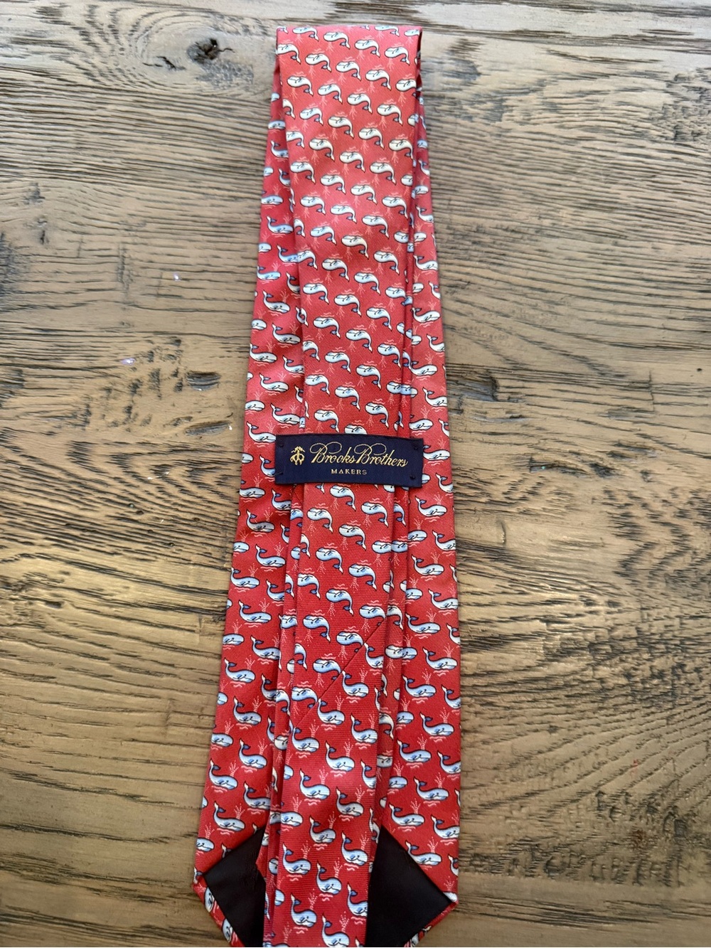 Brooks Brothers Red Silk Tie with White & Blue Whale Motif
